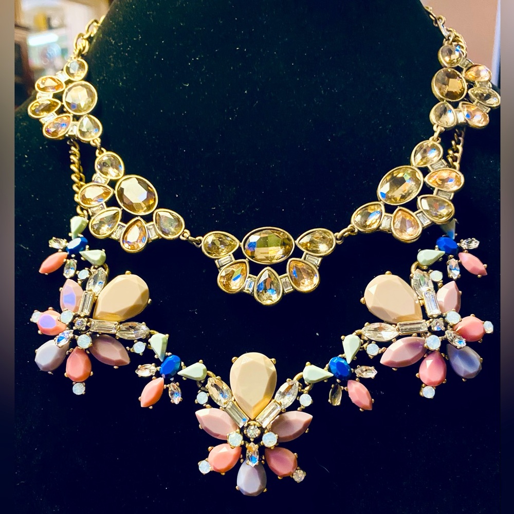 Bundle/lot: 2 J. Crew Multicolor Retro Statement Necklaces Brass Crystal Lucite